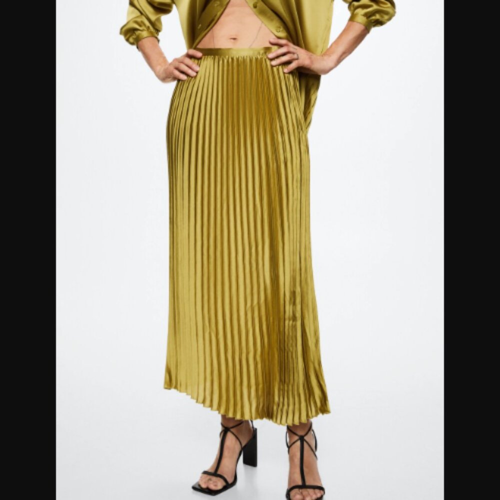 Mango Satin Pleated Maxi Skirt in Golden Chartreuse Green Size S